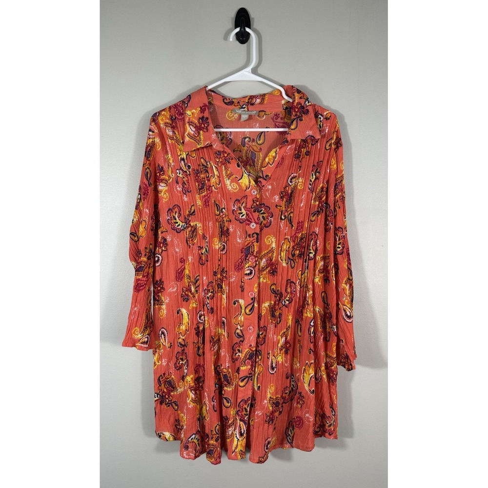 Woman Within Top Womens‎ 1X 22/24 Coral Crinkle Paisley Button Front Boho Cotton